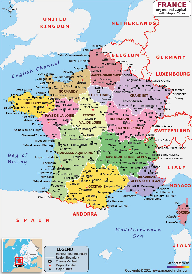 France Regions  and Capital Map